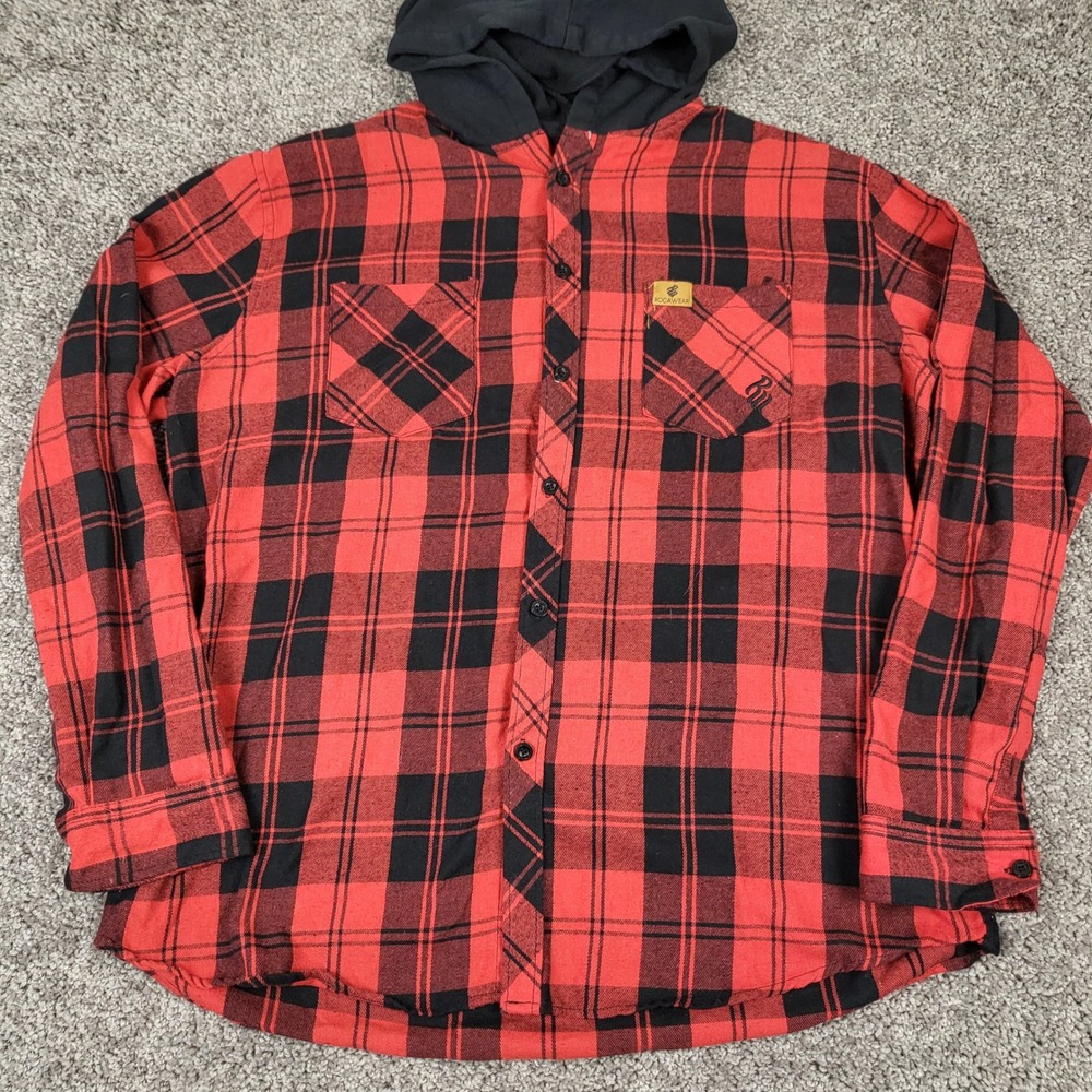 Rocawear Hooded Flannel Shirt Men XL Red Black Excellent Buffalo Plaid Button Up - Picture 2 of 9